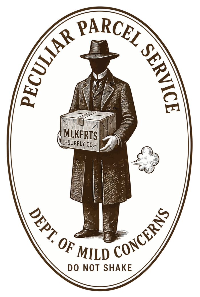 Peculiar Parcel Service seal: a faceless courier in a hat and long coat holds a MLKFRTS Supply Co. box, marked Dept. of Mild Concerns, Do Not Shake