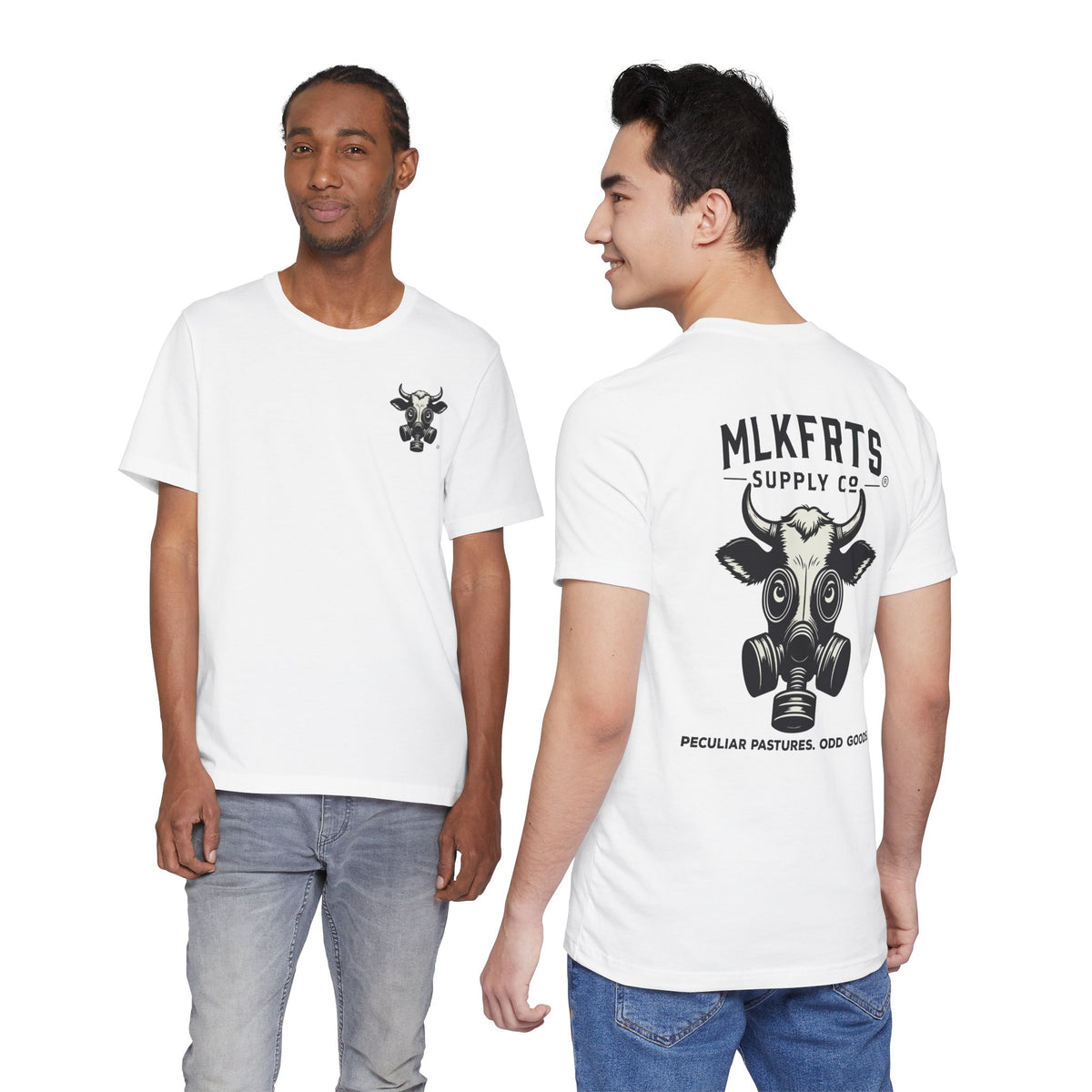 Two models wearing the White t-shirt, front and back views