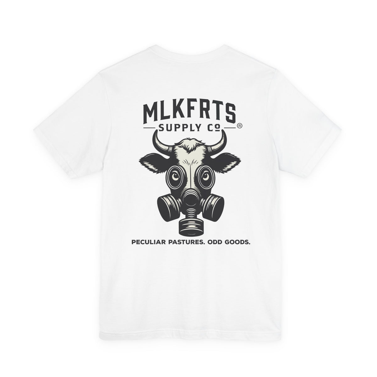 White t-shirt, back view with a large MLKFRTS Supply Co. gas-mask cow graphic