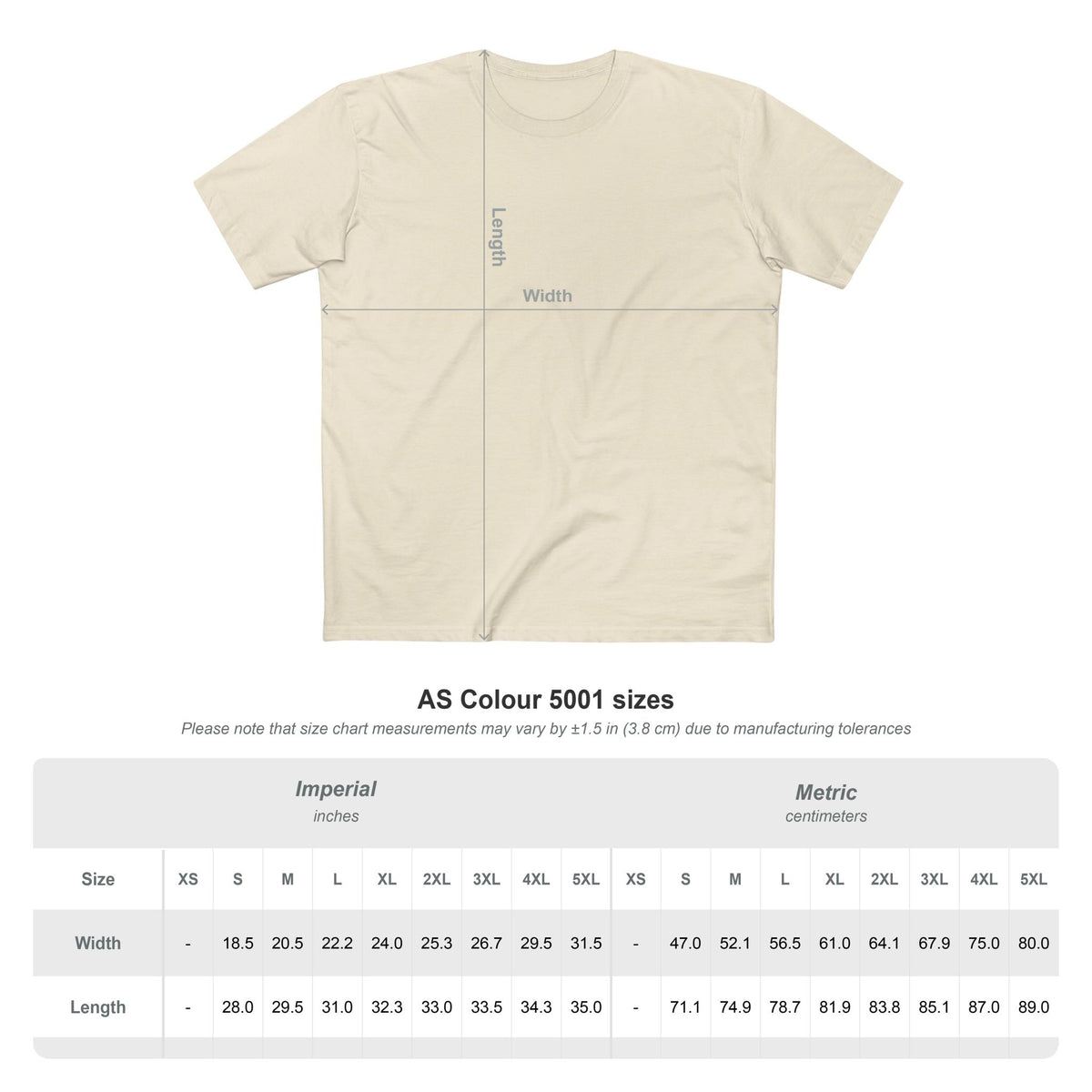 AS Colour 5001 Staple Tee size chart with width and length measurements