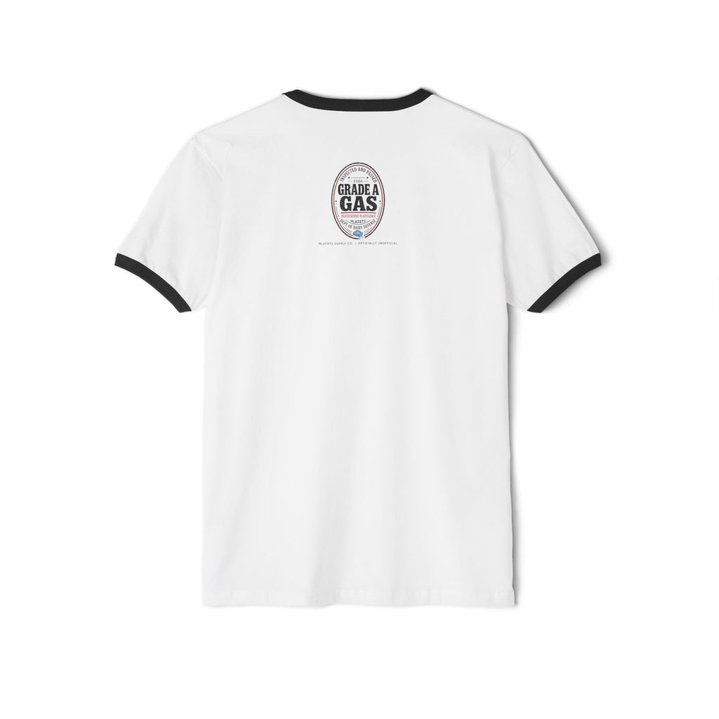 White/Black ringer tee, back view with a small oval seal on the upper back
