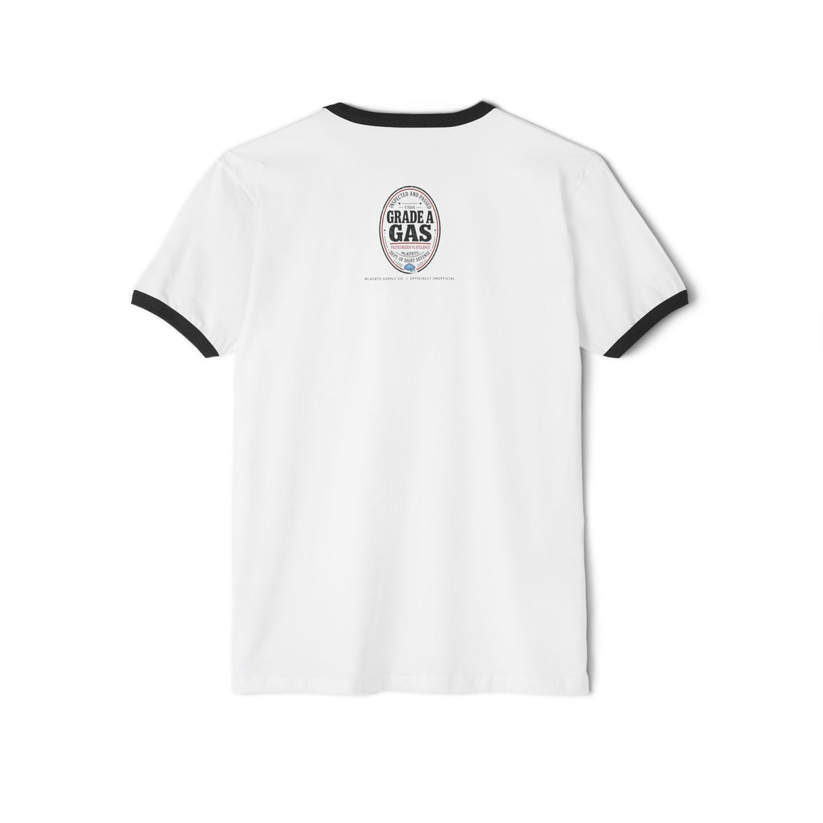 White/Black ringer tee, back view with a small oval seal on the upper back