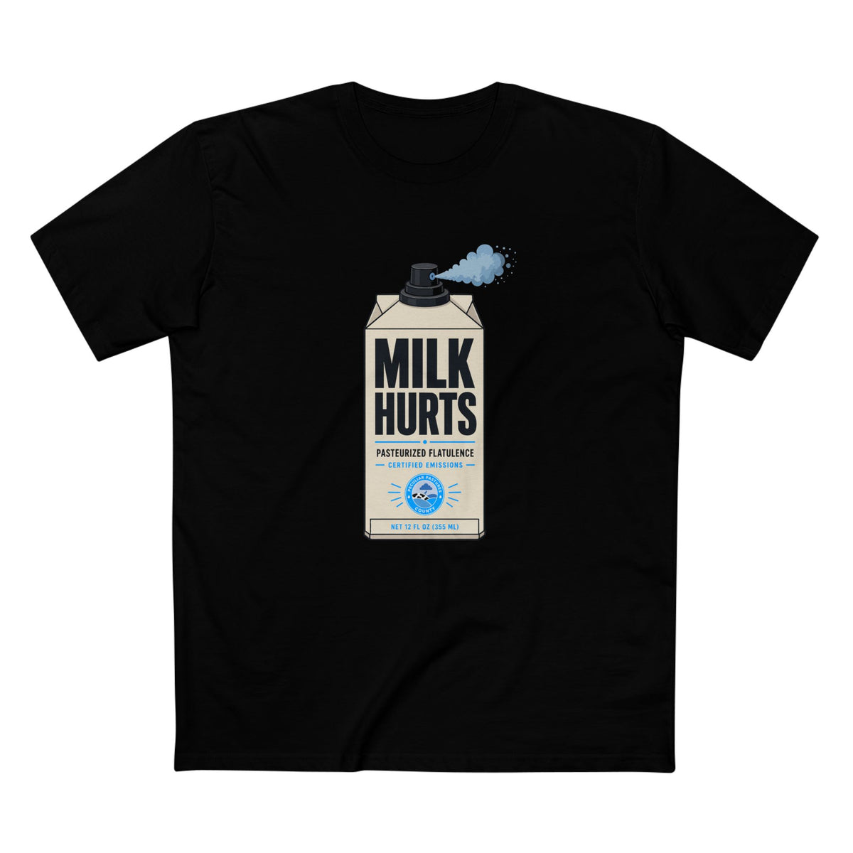 MLKFRTS Milk Hurts Mace Tee in black, front view showing the Milk Hurts milk carton graphic
