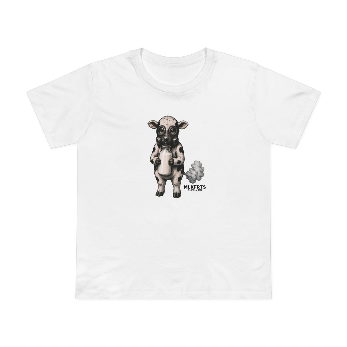 White women's tee with the Calf of Concern: a gas-masked spotted calf holding a milk bottle beside a small cloud and the MLKFRTS Supply Co. wordmark, front view