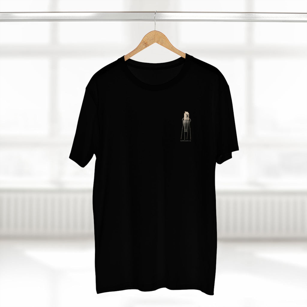 Stay Upwind Tee in black on a hanger, front: small left-chest elephant
