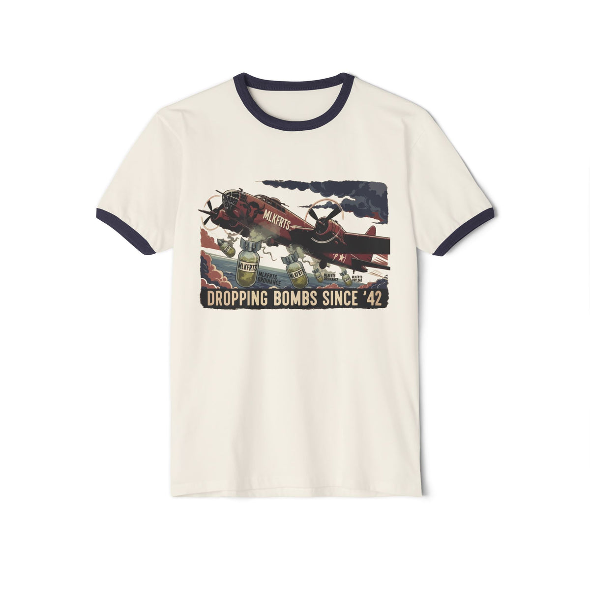 Natural/Midnight Navy ringer tee with a "Dropping Bombs Since '42" illustration of a bomber plane dropping milk jugs, front view