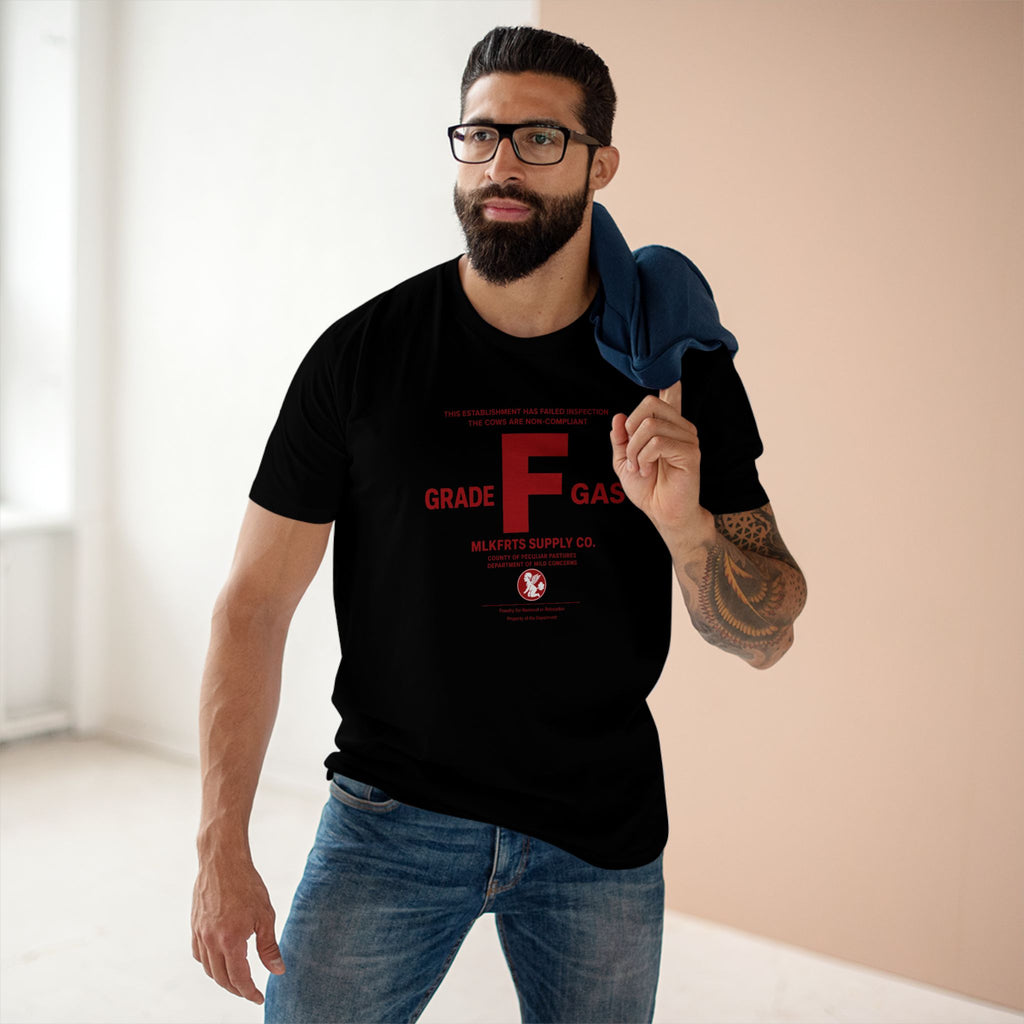 Model wearing the MLKFRTS Grade F Notice of Non-Compliance tee in Black, front view with the red Grade F notice of non-compliance