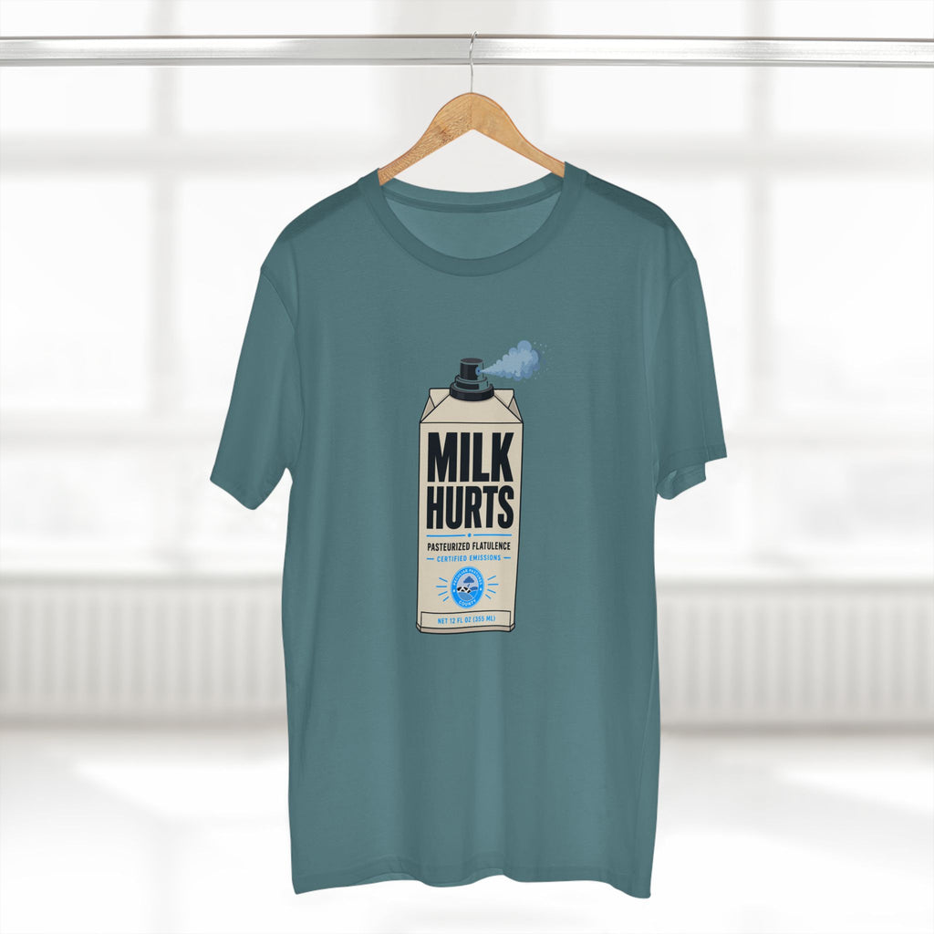 MLKFRTS Milk Hurts Mace Tee in slate blue on a hanger, front view showing the Milk Hurts milk carton graphic