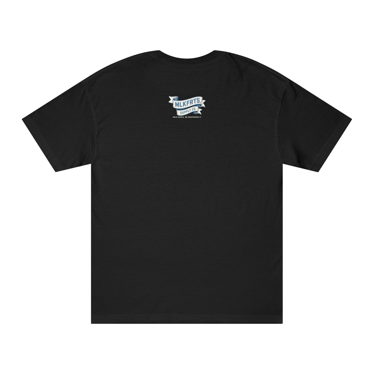 Black t-shirt, back view with a small blue MLKFRTS logo