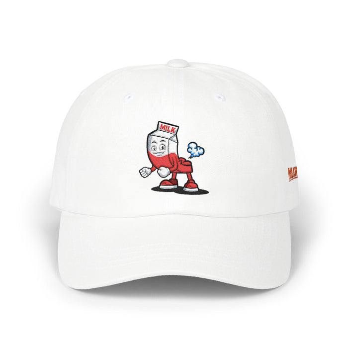 White dad hat with the embroidered Marty milk-bottle mascot on the front, front view