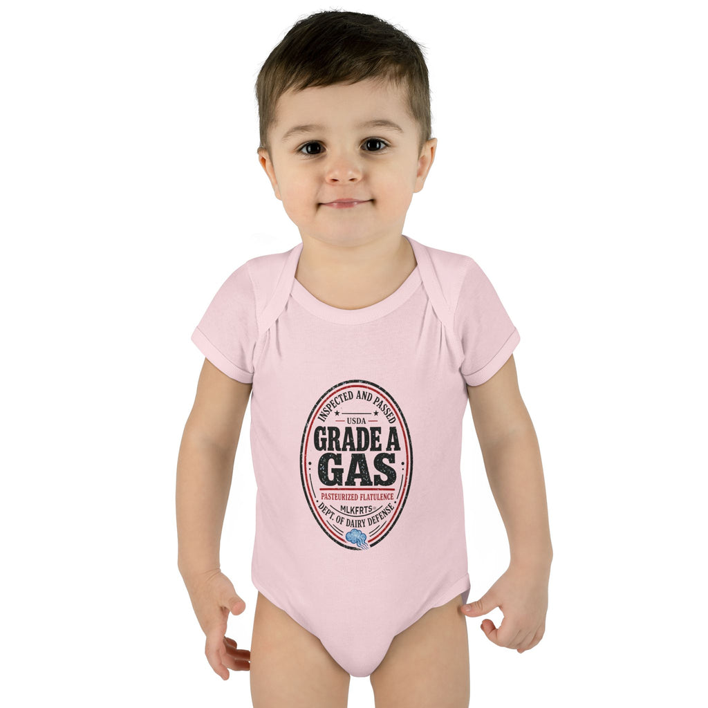 Baby wearing the Ballerina baby bodysuit with an oval "Grade A Gas" inspection-seal print