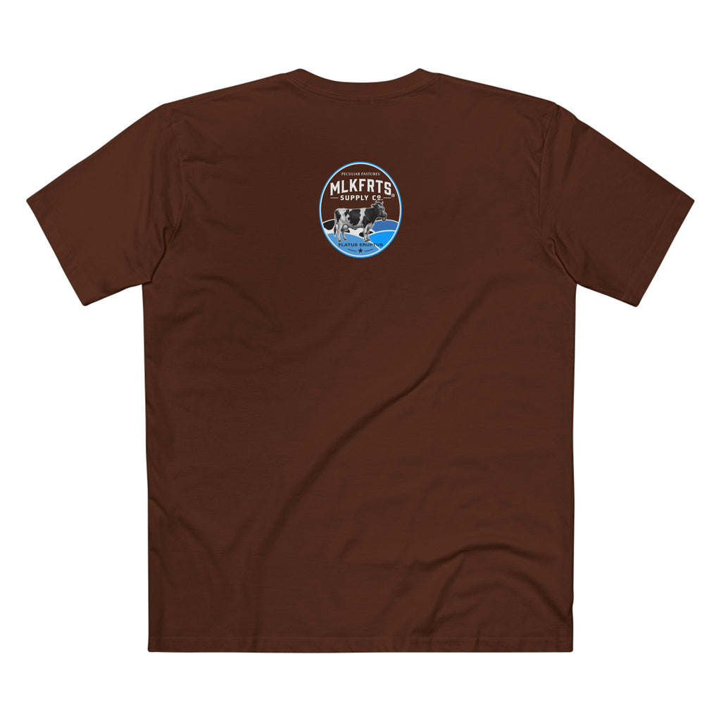 MLKFRTS Milk Hurts Mace Tee in dark chocolate, back view showing the Flatus Eruptus seal on the upper back