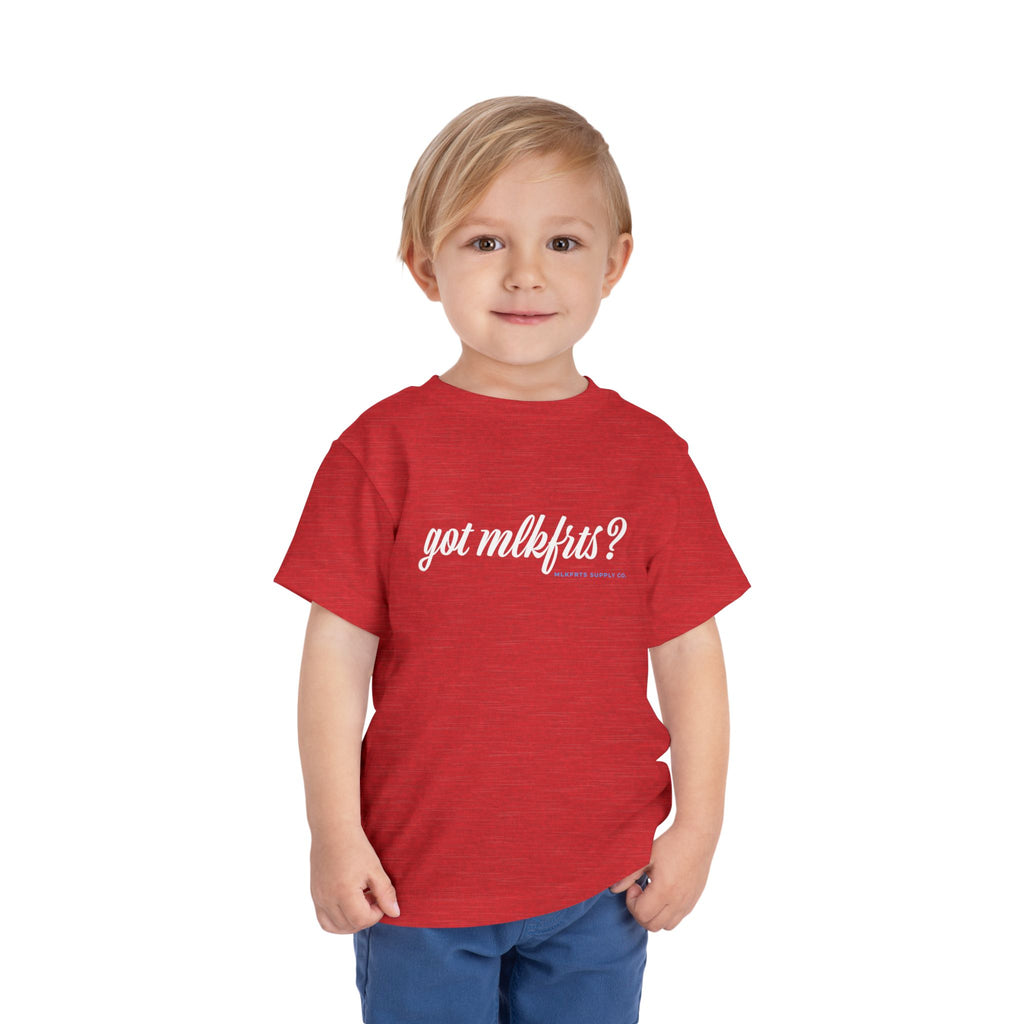 Toddler wearing the got mlkfrts? Toddler Tee in Heather Red, got mlkfrts? script on the front