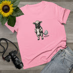 Bubblegum women's tee with the Calf of Concern on the front, flat lay with a sunflower, camera and jeans