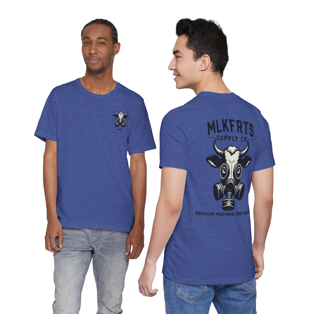 Two models wearing the Heather True Royal t-shirt, front and back views