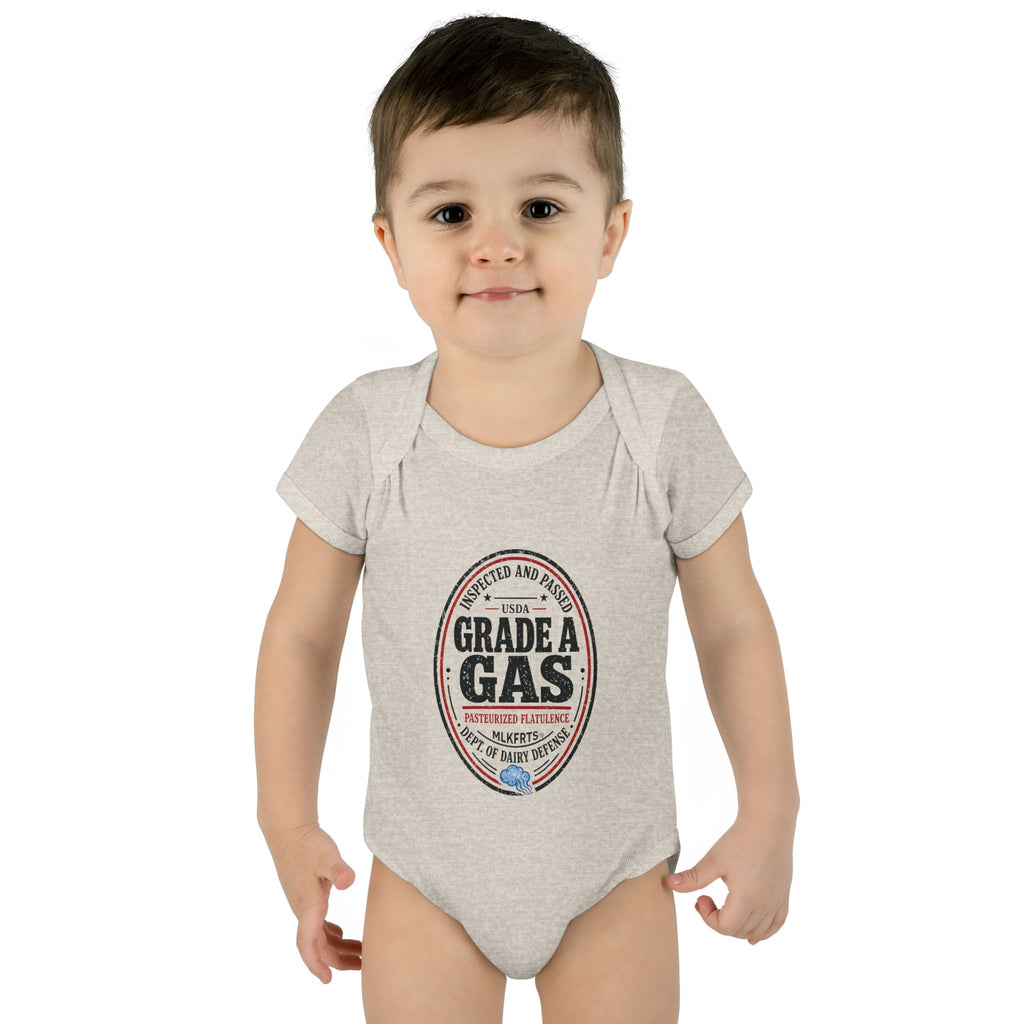 Baby wearing the Natural Heather baby bodysuit with an oval "Grade A Gas" inspection-seal print