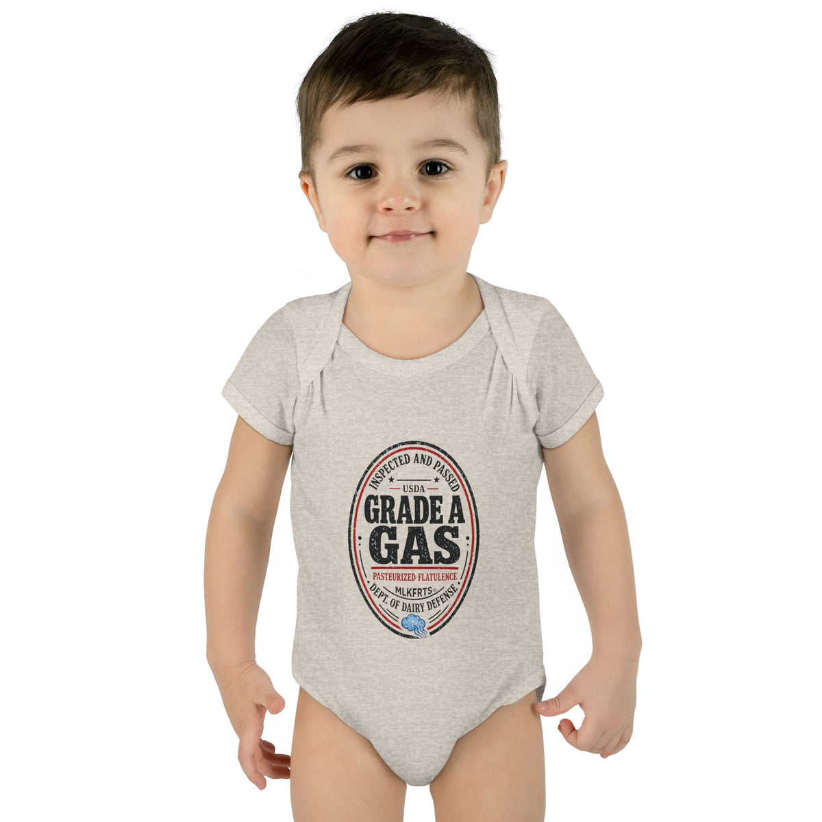 Baby wearing the Natural Heather baby bodysuit with an oval "Grade A Gas" inspection-seal print