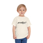 Toddler wearing the got mlkfrts? Toddler Tee in Natural, got mlkfrts? script on the front