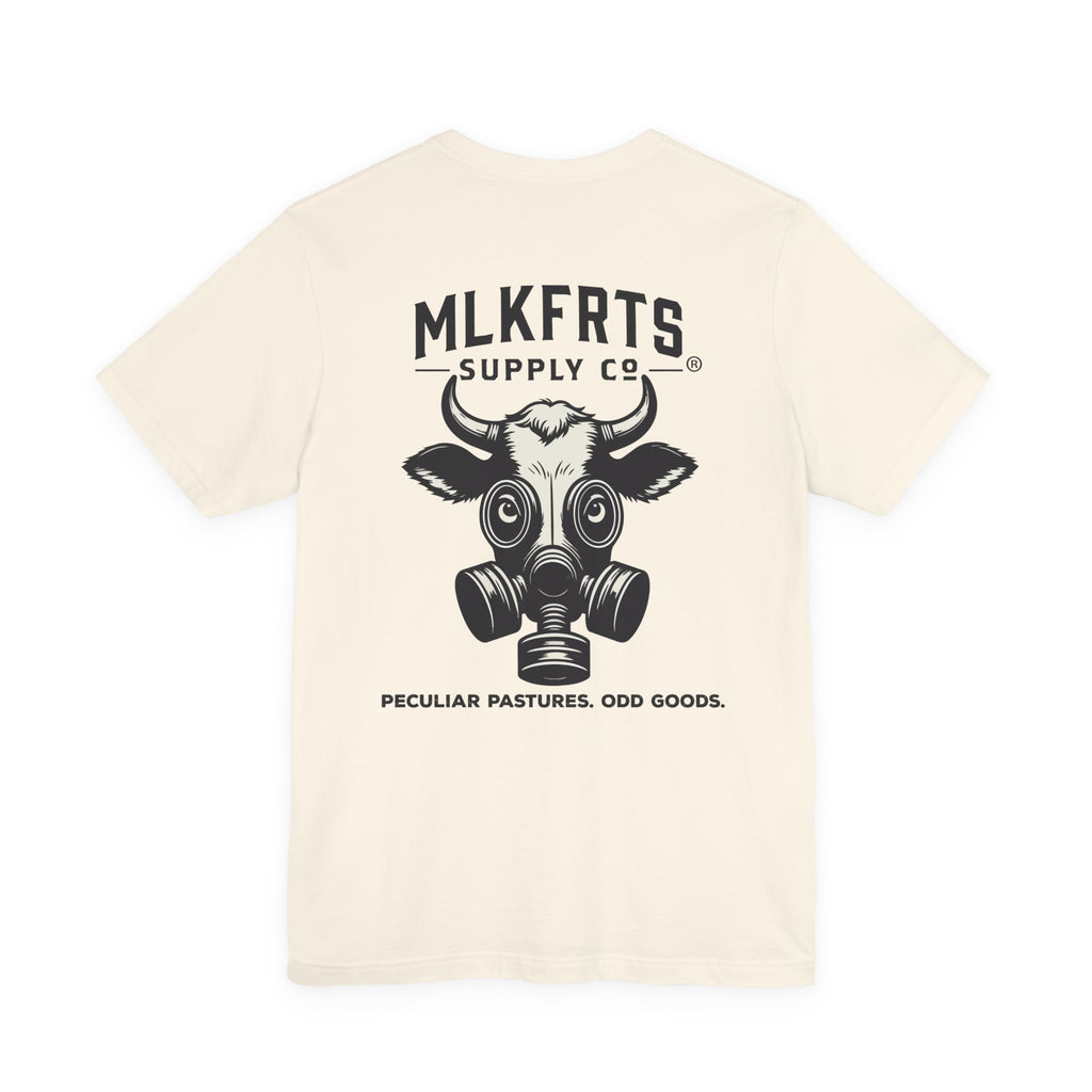 Natural t-shirt, back view with a large MLKFRTS Supply Co. gas-mask cow graphic