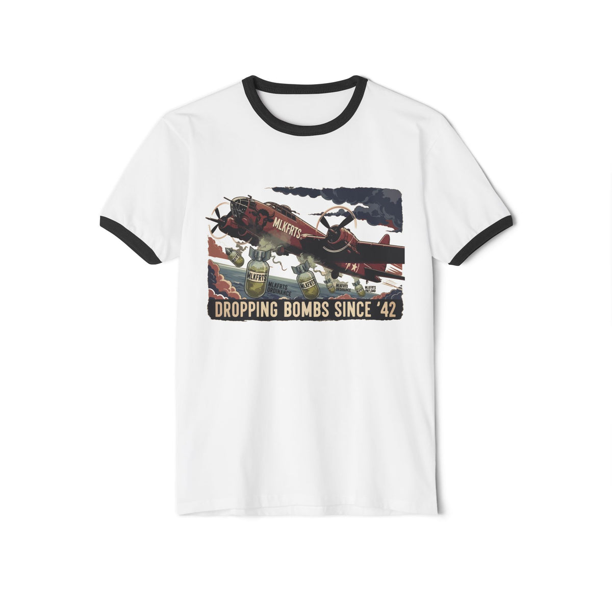 White/Black ringer tee with a "Dropping Bombs Since '42" illustration of a bomber plane dropping milk jugs, front view