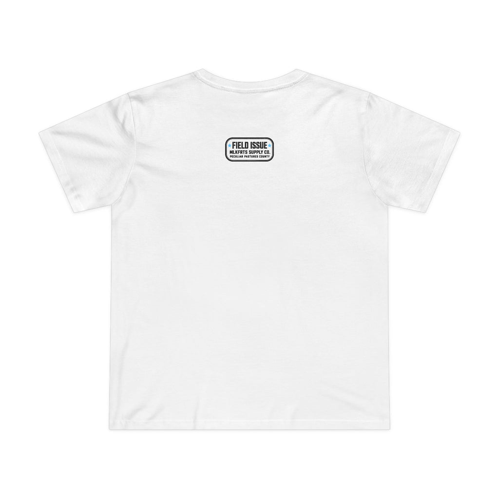 White women's tee with the Field Issue patch reading MLKFRTS Supply Co., Peculiar Pastures County, on the upper back, back view