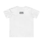 White women's tee with the Field Issue patch reading MLKFRTS Supply Co., Peculiar Pastures County, on the upper back, back view