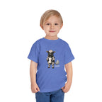 Toddler wearing the Calf of Concern Toddler Tee in Heather Columbia Blue, front view