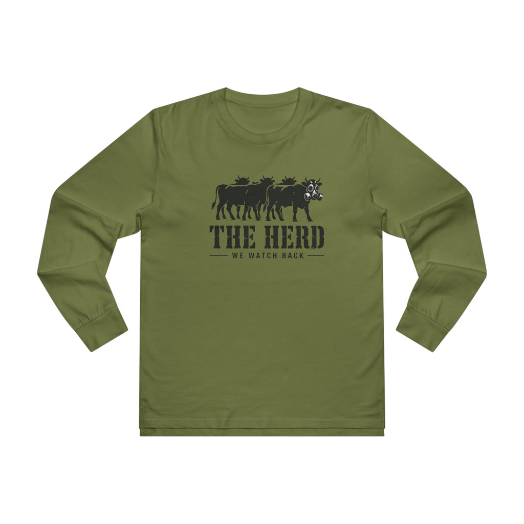 Watch Back Long Sleeve Tee in army green, front: four stamped cow silhouettes, the front cow in a gas mask, THE HERD, We Watch Back