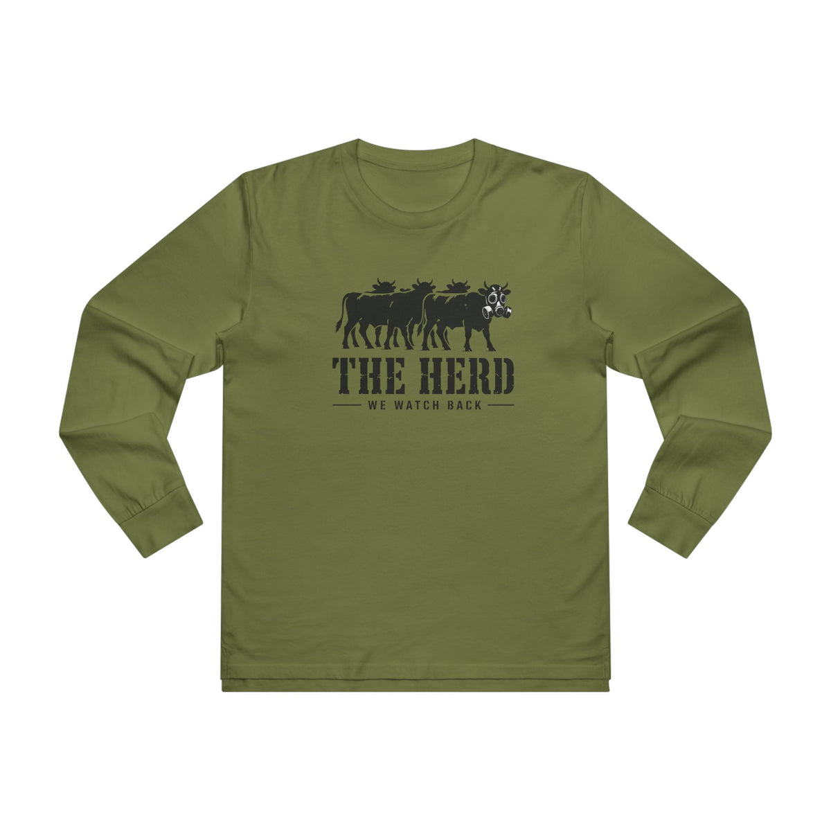 Watch Back Long Sleeve Tee in army green, front: four stamped cow silhouettes, the front cow in a gas mask, THE HERD, We Watch Back