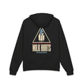 Unregulated Emissions Hoodie in black, back: large MILK HURTS warning sign, cracked carton, WARNING: UNREGULATED EMISSIONS, MLKFRTS SUPPLY CO.