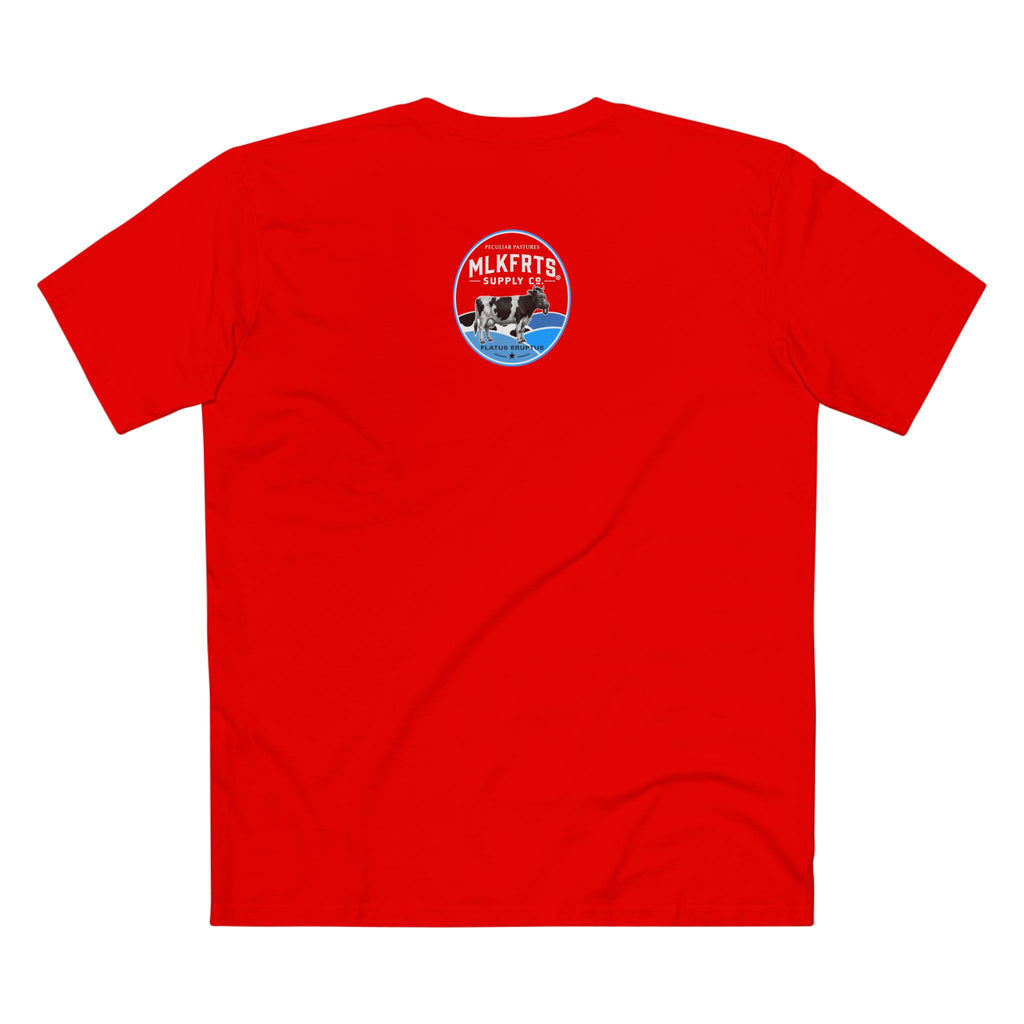 got mlkfrts? Flatus Eruptus Tee in Red, back with the Flatus Eruptus gas-mask cow seal on the upper back