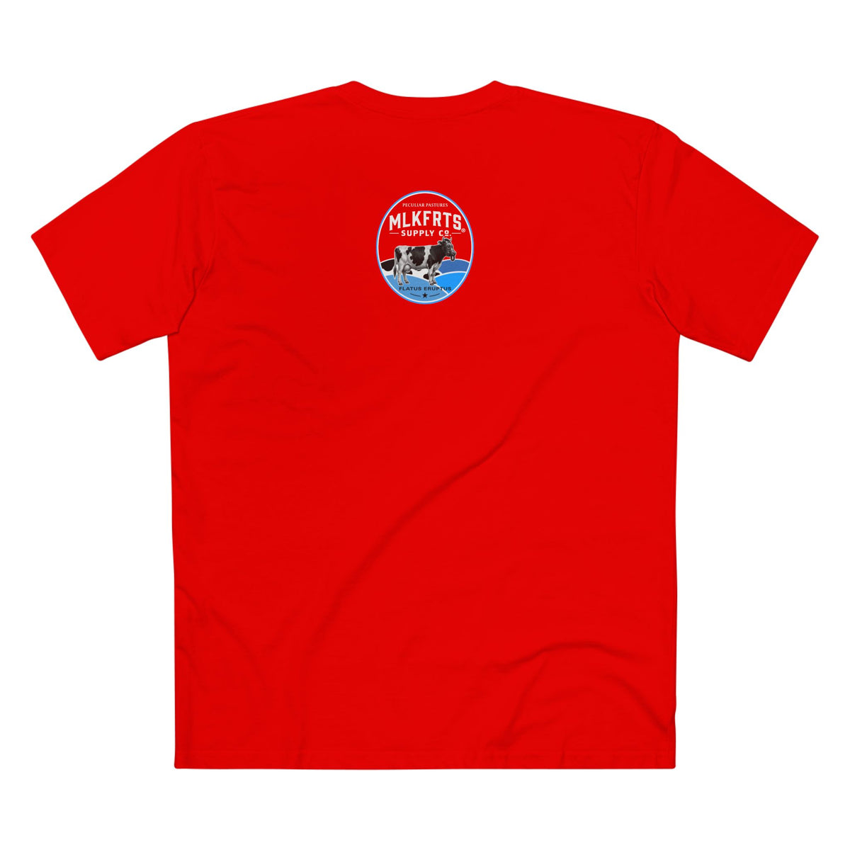 got mlkfrts? Flatus Eruptus Tee in Red, back with the Flatus Eruptus gas-mask cow seal on the upper back