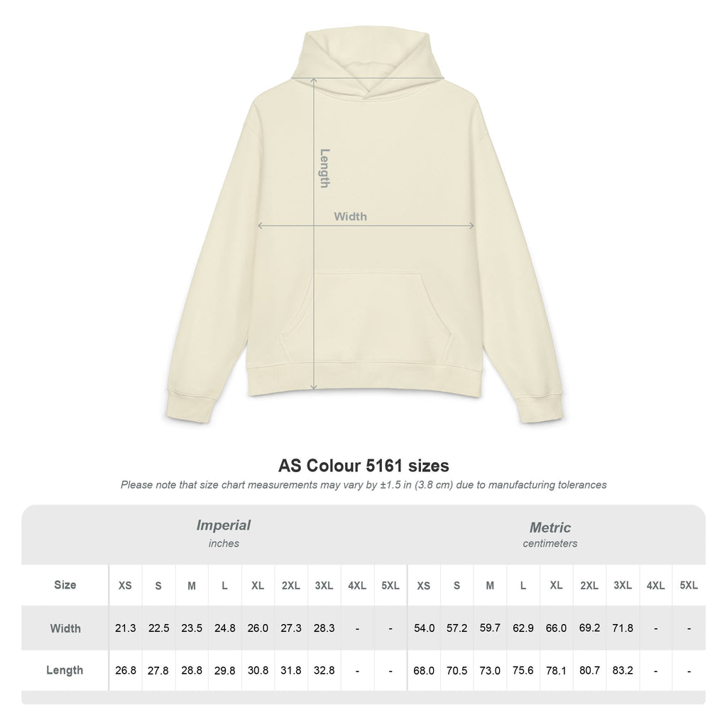 AS Colour 5161 Relax Hood size chart with width and length measurements