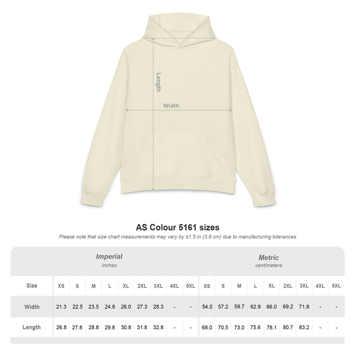 AS Colour 5161 Relax Hood size chart with width and length measurements