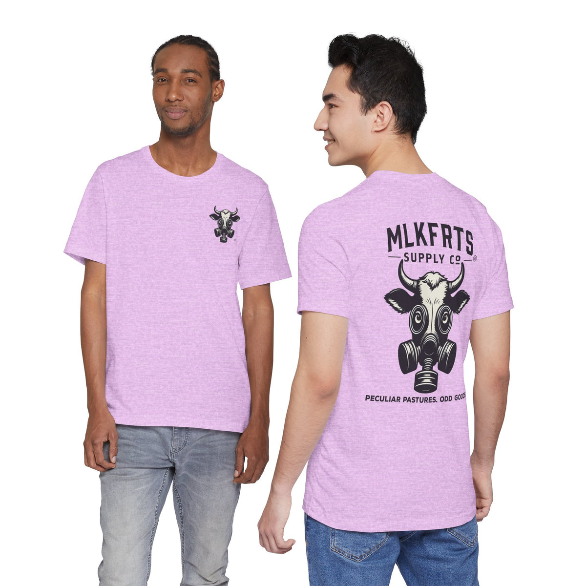 Two models wearing the Heather Prism Lilac t-shirt, front and back views