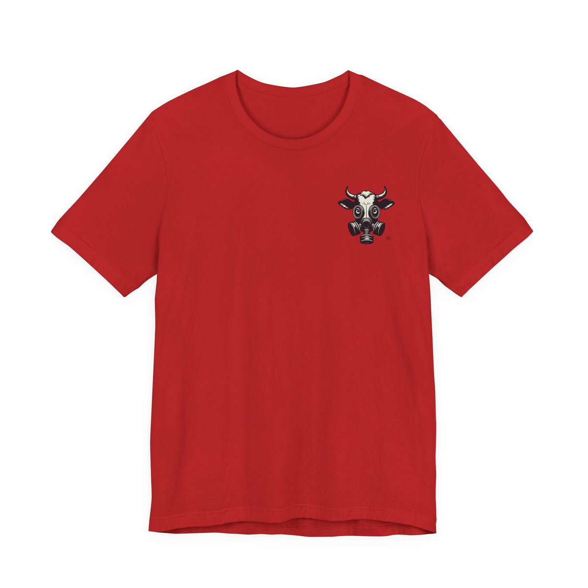 Red t-shirt with a small gas-mask cow head on the left chest, front view