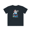 Milk Carton Strut Kids Tee in Black, front with a strutting cartoon milk carton in a ball cap and high-tops