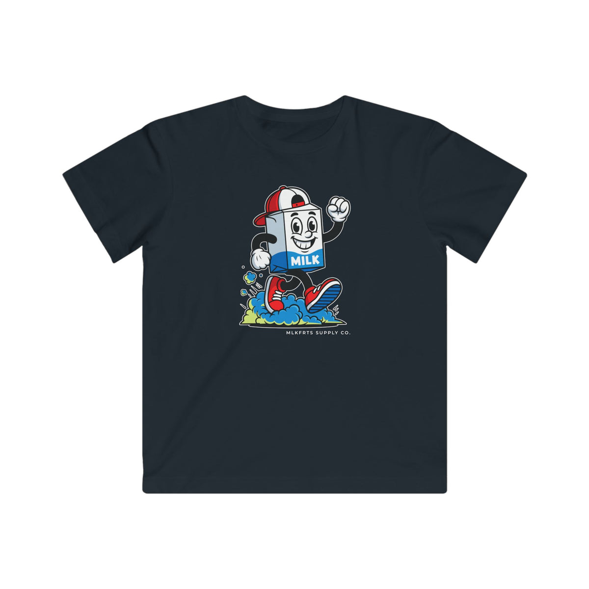 Milk Carton Strut Kids Tee in Black, front with a strutting cartoon milk carton in a ball cap and high-tops