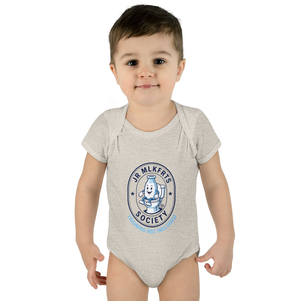 Baby wearing the Natural Heather baby bodysuit with a round Jr. MLKFRTS Society badge print with a cartoon milk bottle