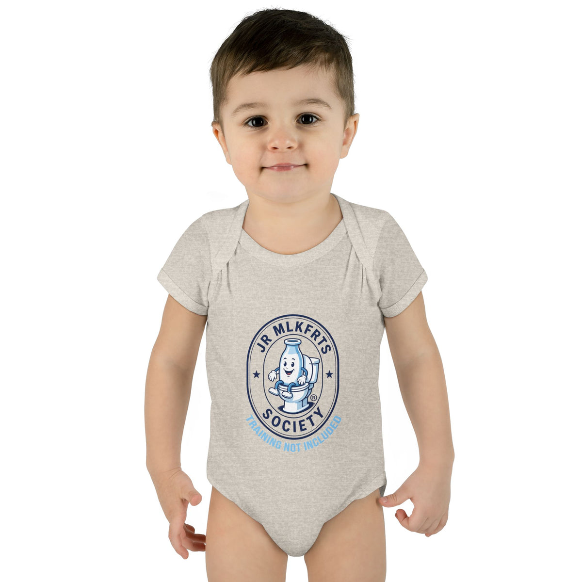 Baby wearing the Natural Heather baby bodysuit with a round Jr. MLKFRTS Society badge print with a cartoon milk bottle