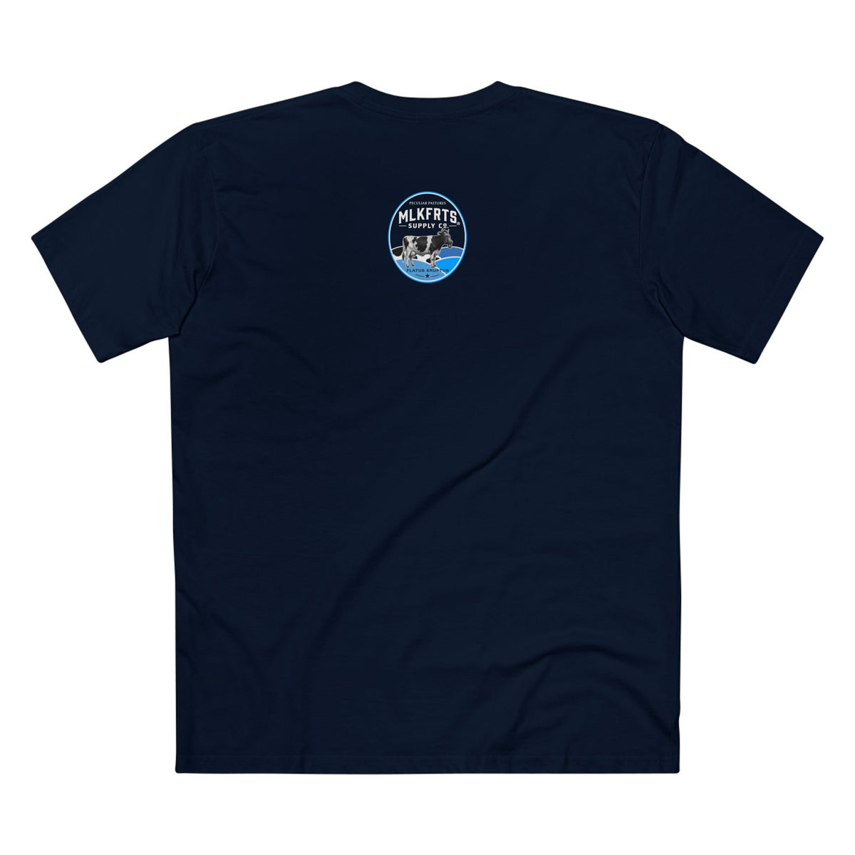 Back of the Navy MLKFRTS Lil' Stinker Tee with the Flatus Eruptus gas-mask cow seal on the upper back