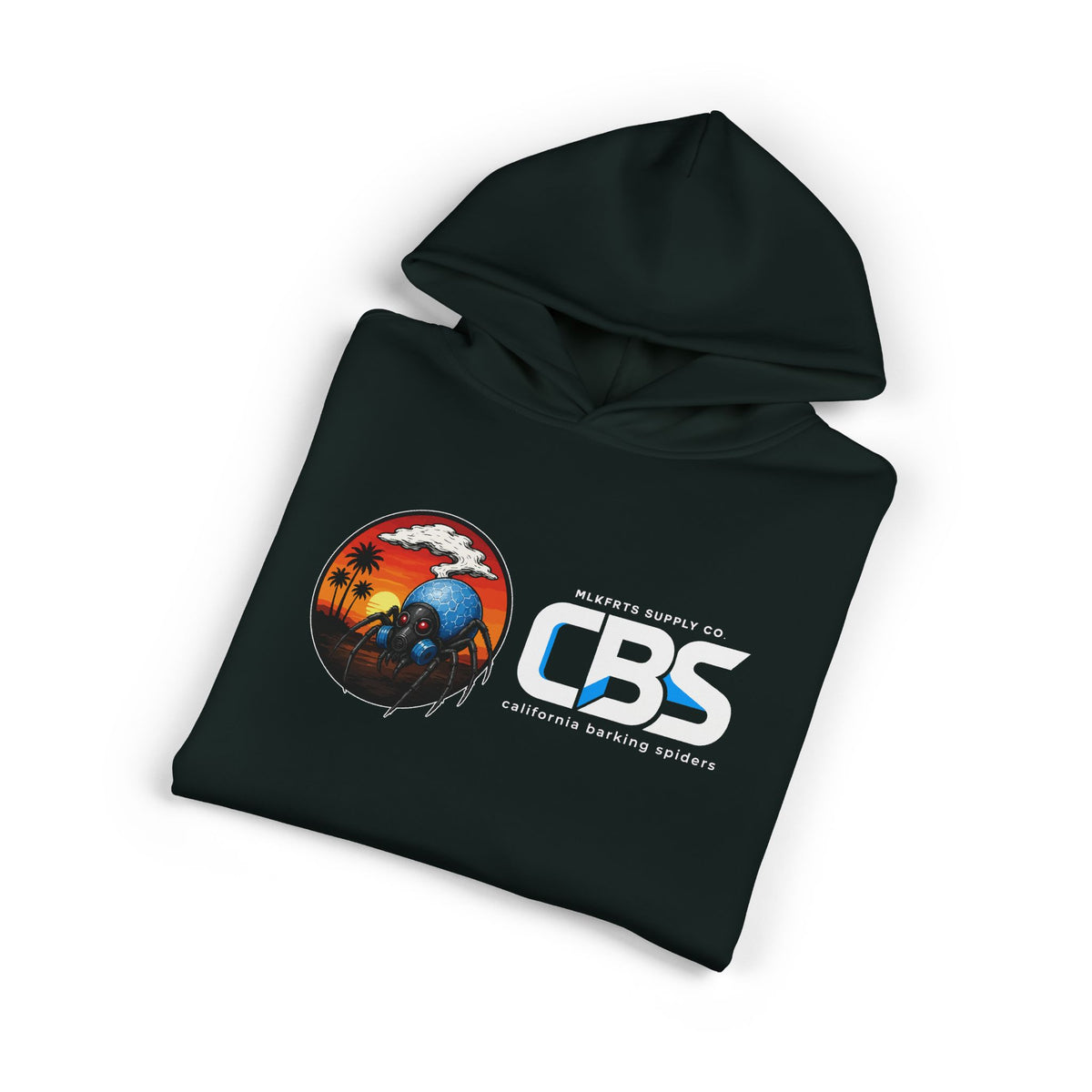 California Barking Spiders Hoodie in pine green, folded, front: CBS lockup with the gas-masked spider