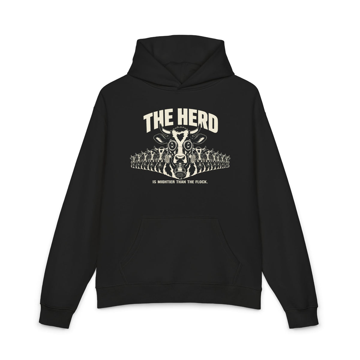 Stampede Hoodie in black, front: lead gas-mask cow with ranks of masked Holsteins, THE HERD above, Is Mightier Than the Flock below
