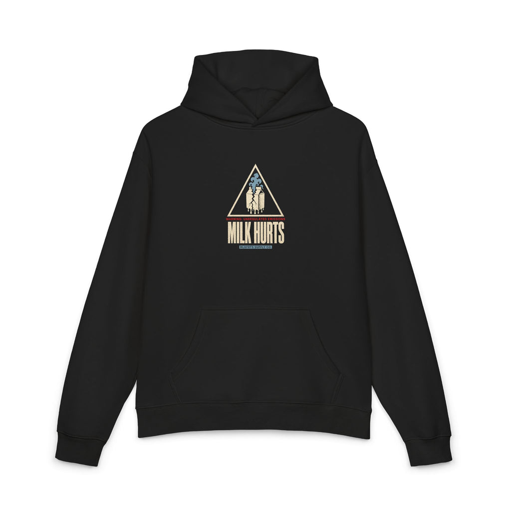 Unregulated Emissions Hoodie in black, front: MILK HURTS warning triangle with a cracked milk carton venting a blue plume