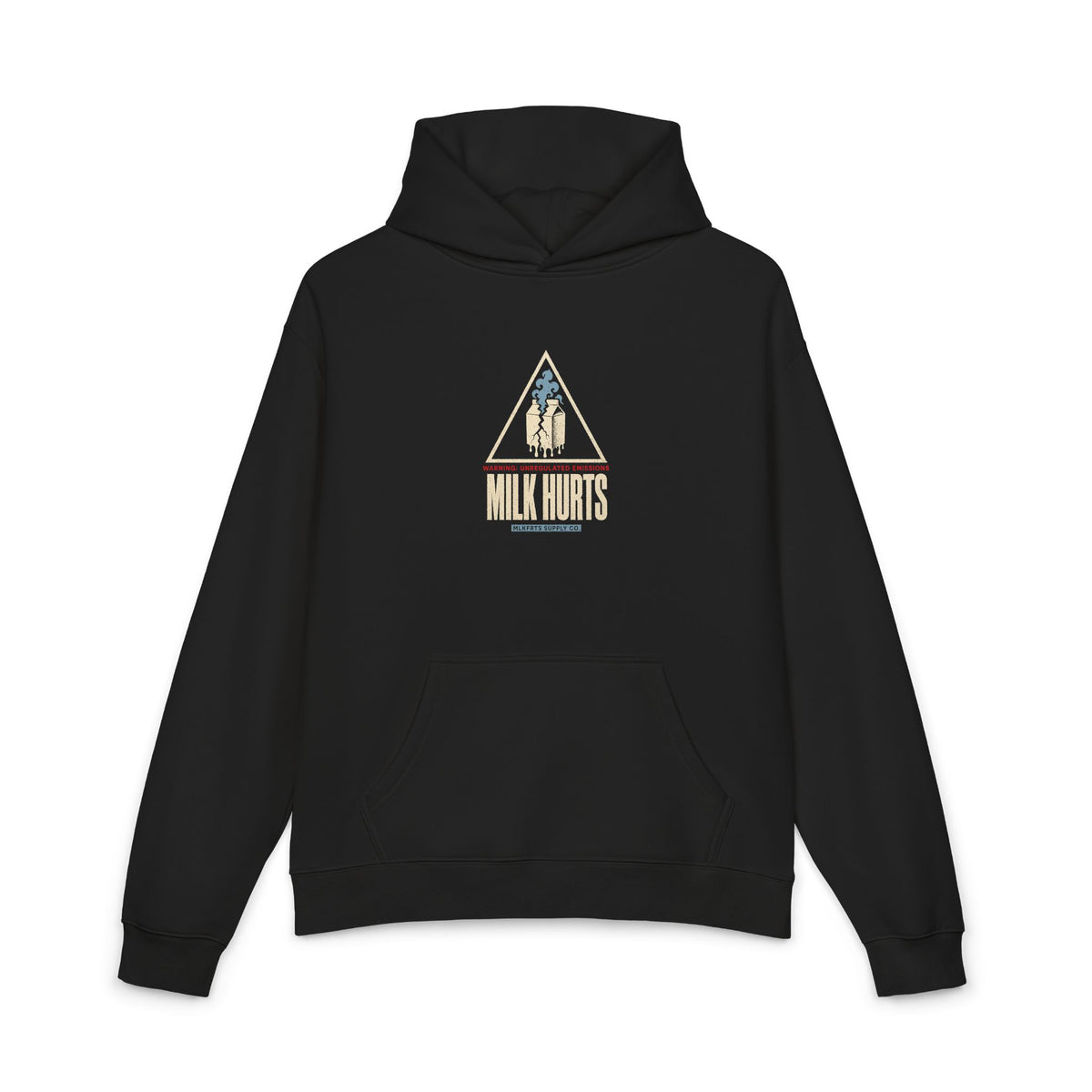 Unregulated Emissions Hoodie in black, front: MILK HURTS warning triangle with a cracked milk carton venting a blue plume