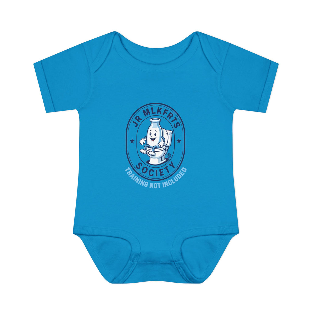 Turquoise baby bodysuit with a round Jr. MLKFRTS Society badge print with a cartoon milk bottle, front view