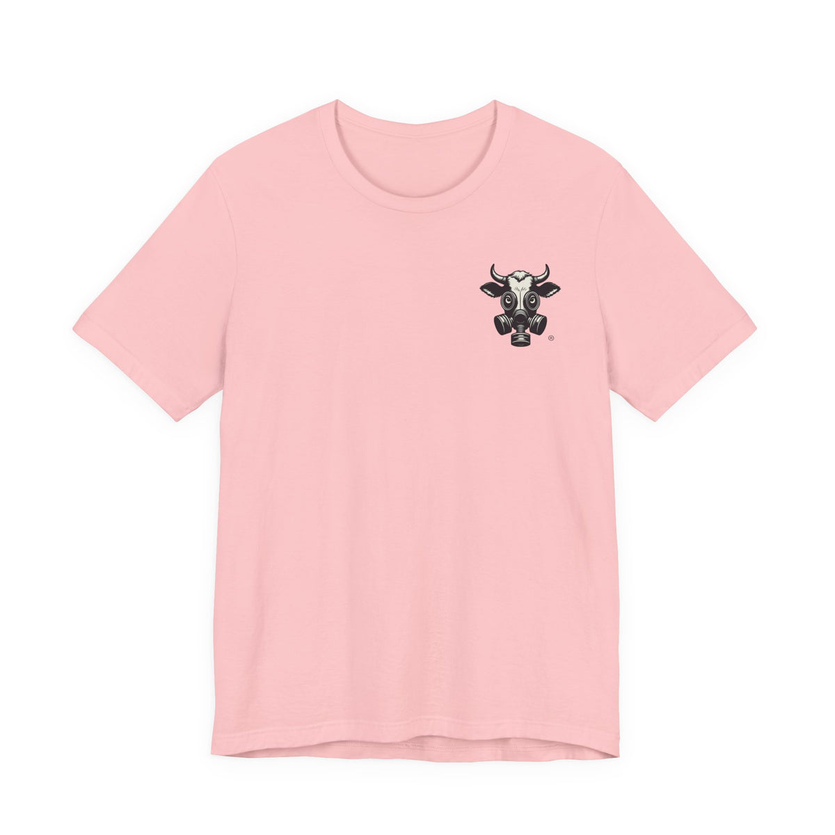 Pink t-shirt with a small gas-mask cow head on the left chest, front view