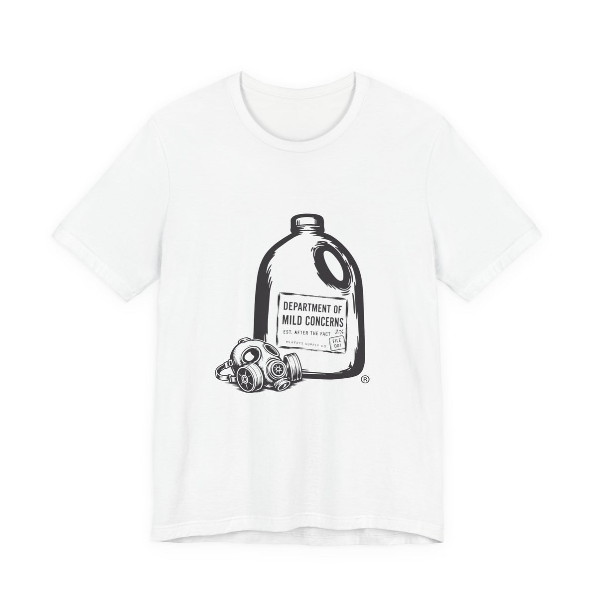 White t-shirt with a large gallon milk jug graphic with a gas mask and "Department of Mild Concerns" label, front view