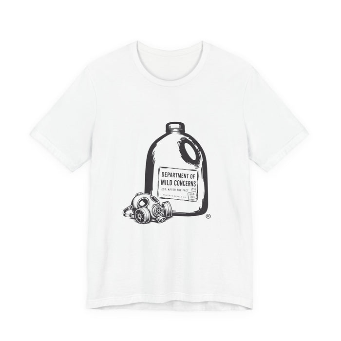 White t-shirt with a large gallon milk jug graphic with a gas mask and "Department of Mild Concerns" label, front view