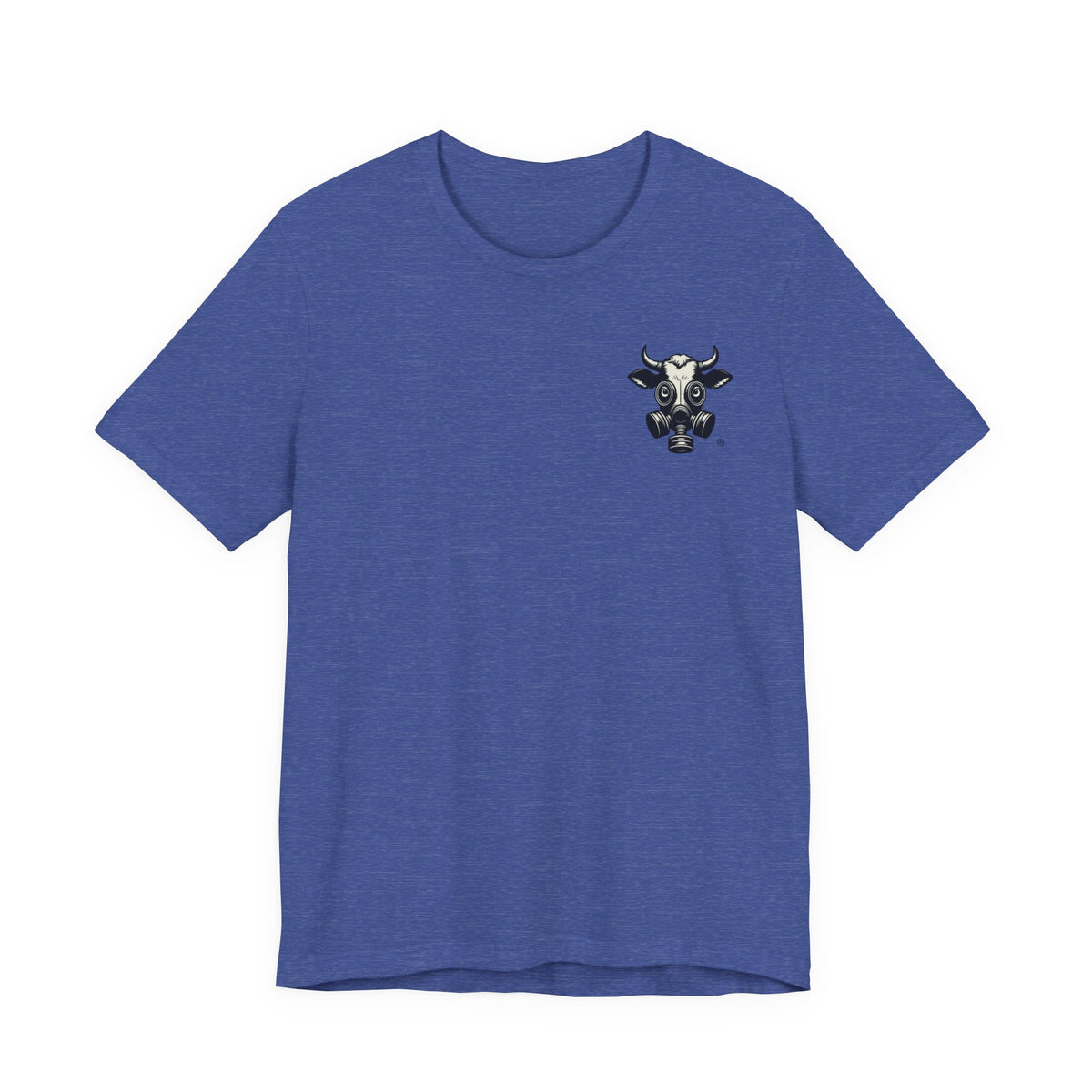 Heather True Royal t-shirt with a small gas-mask cow head on the left chest, front view